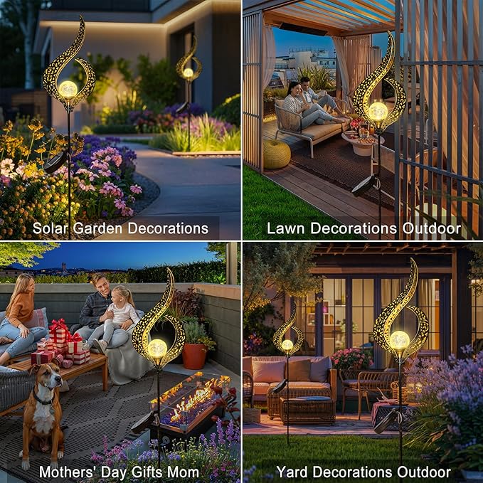 Outdoor Garden Gifts Solar Lights Stake Waterproof, Mothers Day Gifts Mom, Crackle Glass Metal Flower LED Yard Art Ornaments Lights for Pathway, Lawn or Courtyard, Birthday Gifts Women (Bronze) Homeimpro