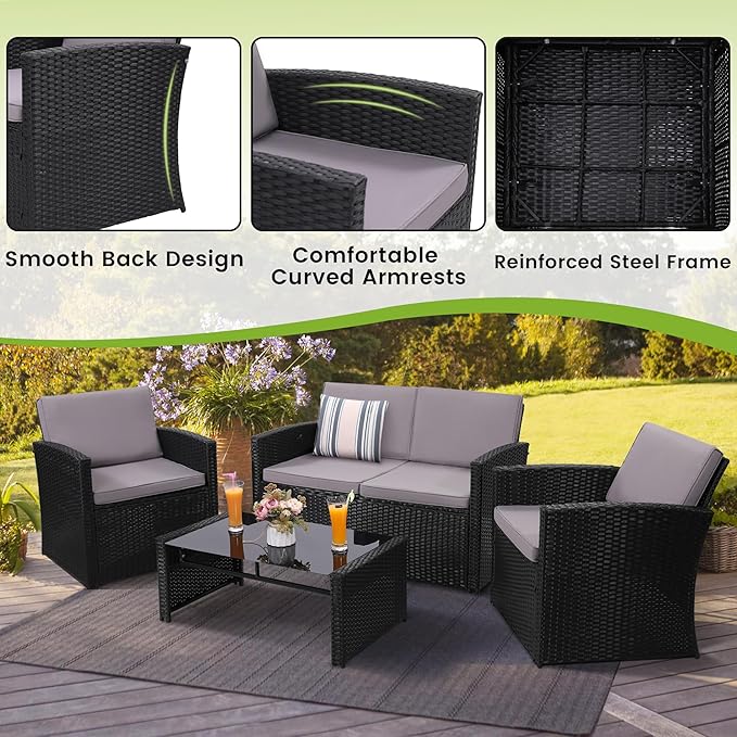 4-Piece Patio Furniture Set, Wicker Outdoor Rattan Sectional Sofa with Cushions and Glass Table, All-Weather Outdoor Conversation Set, Ideal for Garden, Porch, Backyard, Grey KROFEM