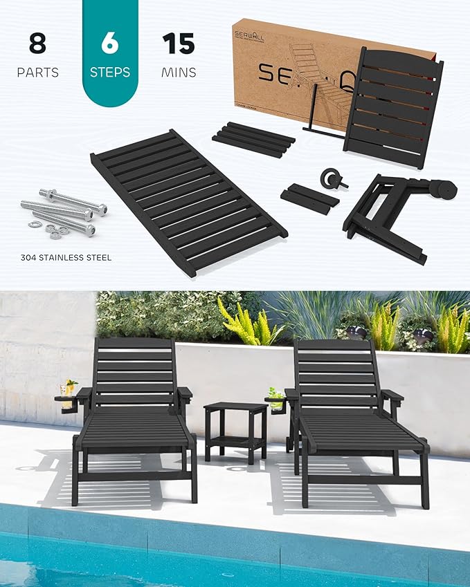 SERWALL Patio Chaise Lounge Chair Set of 6, 5 Positions Adjustable Poly Outdoor Lounger for Pool, HDPE Lounge Chair with Rolling Wheels & Cup Holder for Poolside, Deck, Obsidian Black SERWALL