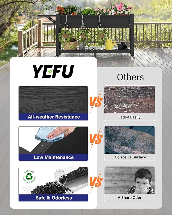 YEFU Raised Garden Bed with Legs: 57x18x30in Elevated Poly Planter with Wheels,Waterproof Mobile Raised Bed Garden, Elevated Planter Box Stand with Storage Shelf,For Deck,Patio,Porch,Yard (Black,2pcs) YEFU