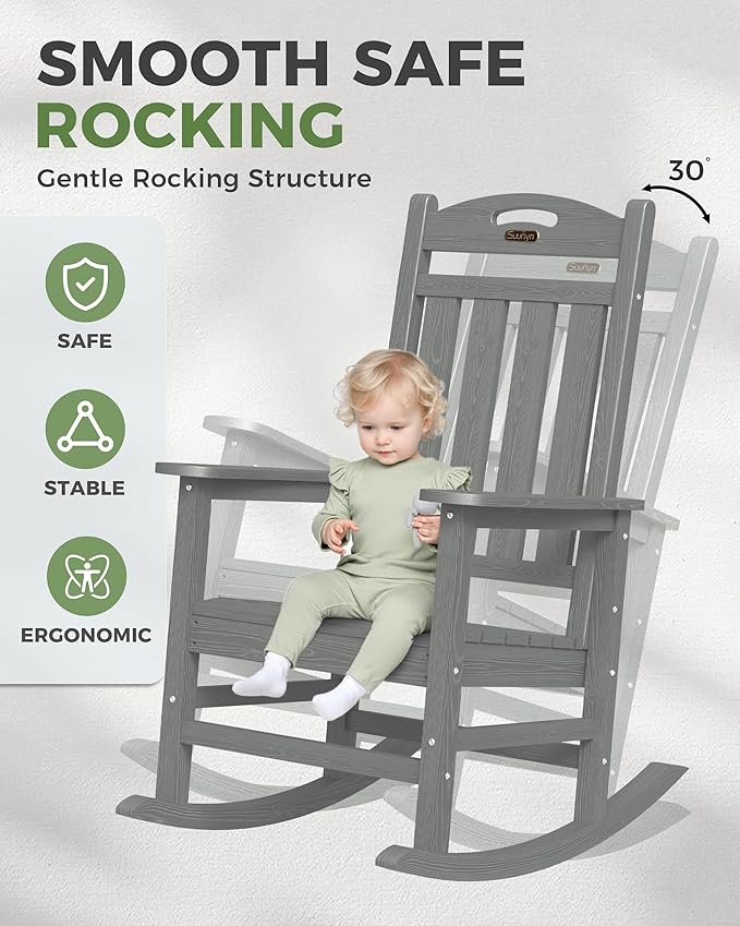 Oversized Outdoor Rocking Chairs Set of 2, High Back Porch Rocker Chair, HDPE Rocking Chairs for Patio, Living Room, Light Grey Suunyn