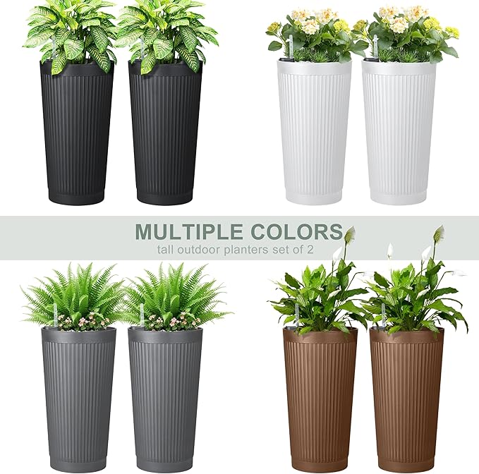 Self Watering Tall Black Planters Outdoor Set of 2, 24” Flower Pots Planters for Outdoor Plants, Modern Plastic Tall Planter for Front Porch, with Drainage Hole (Ribbed) PolarcoForgeco