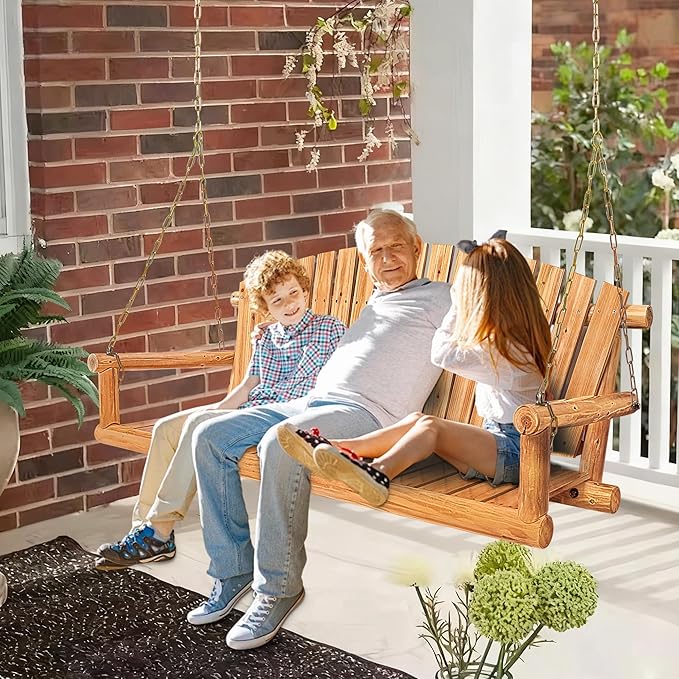 Outdoor Porch Swing Front Porch Hanging Wooden Bench Swing 3 Seat Chair for Garden, Patio, Backyard, Playground, Log Wood 800Lbs, 5 Ft, Lightly Toasted Anraja