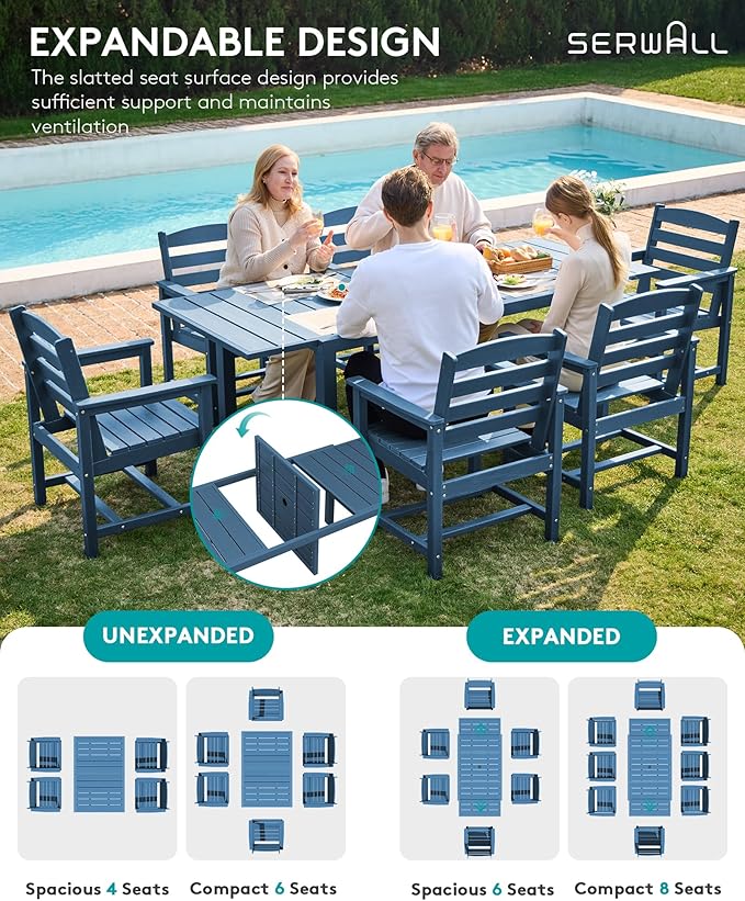 SERWALL Outdoor Expandable Dining Table 60" - 83", Patio Dining Table for 4-10 People, All Weather HDPE and Aluminum Outdoor Furniture for Backyard, Garden, Blue SERWALL