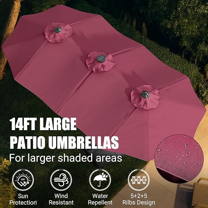 LEVELEVE 14FT Large Patio Umbrella with Base & Solar LED Lights - Double-Sided,Red Enjoyyourlife