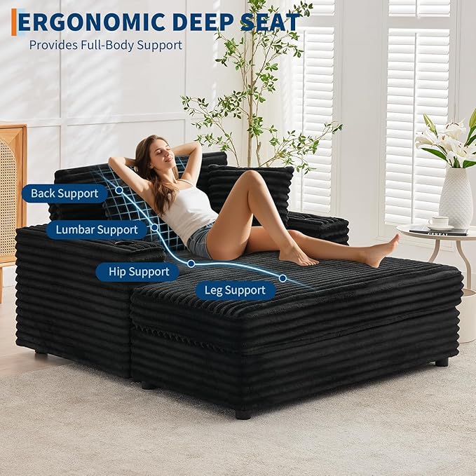 GarveeHome Oversized Chaise Lounge Chair Indoor, 56x60 in Comfortable Corduroy Lounge Sofa with Charging Ports & Cup Holders, Cozy Reading Couch for Bedroom Living Room Apartment, Black GarveeHome
