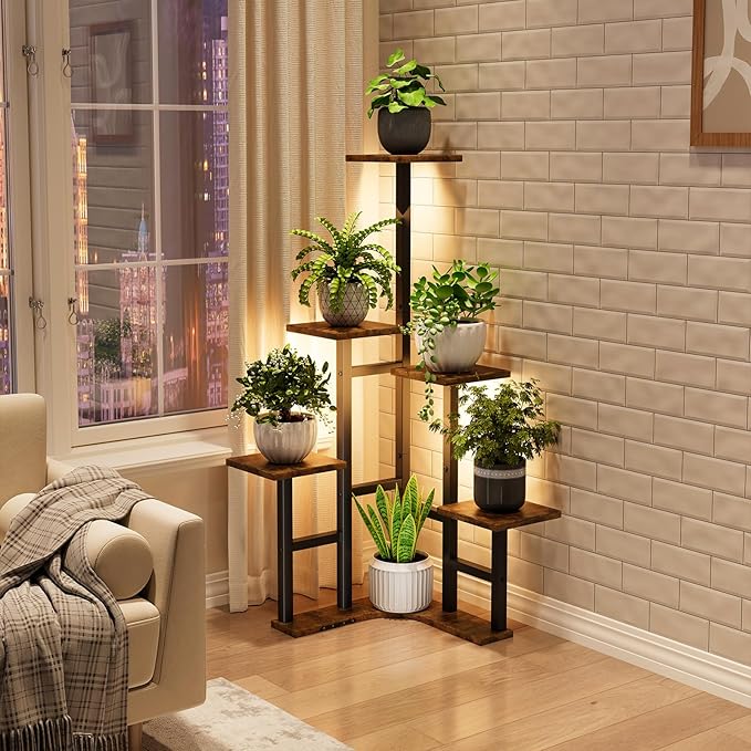 Corner Plant Stand Indoor with Grow Lights, 6 Tiered Corner Plant Shelf Flower Stand for Multiple Plants, Plant Shelves Organizer Rack for Living Room, Balcony, Patio, Square Rustic Brown Yzosvki