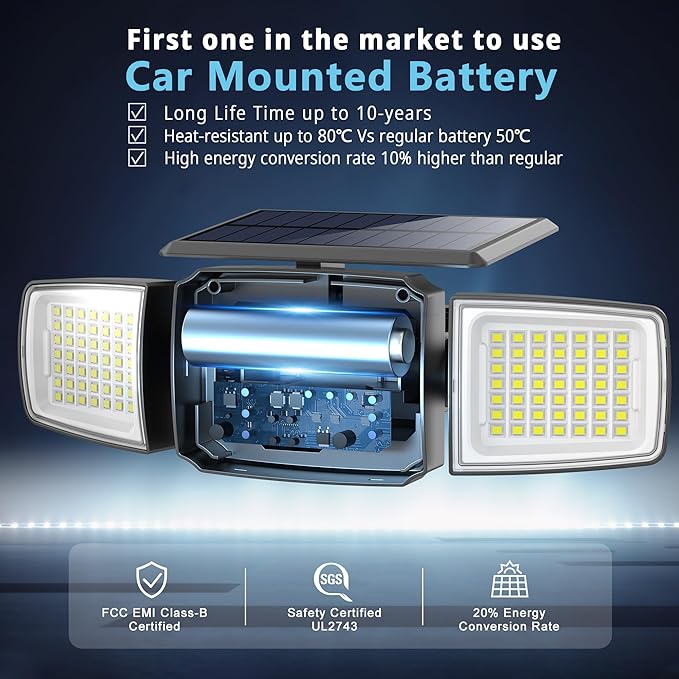 Solar Security Light Outdoor Super Bright LED, Motion Sensor Flood Light, 3 Heads 270° Wide Angle,Remote Control, IP65 Waterproof, 3 Modes (3 Packs) JEJOT