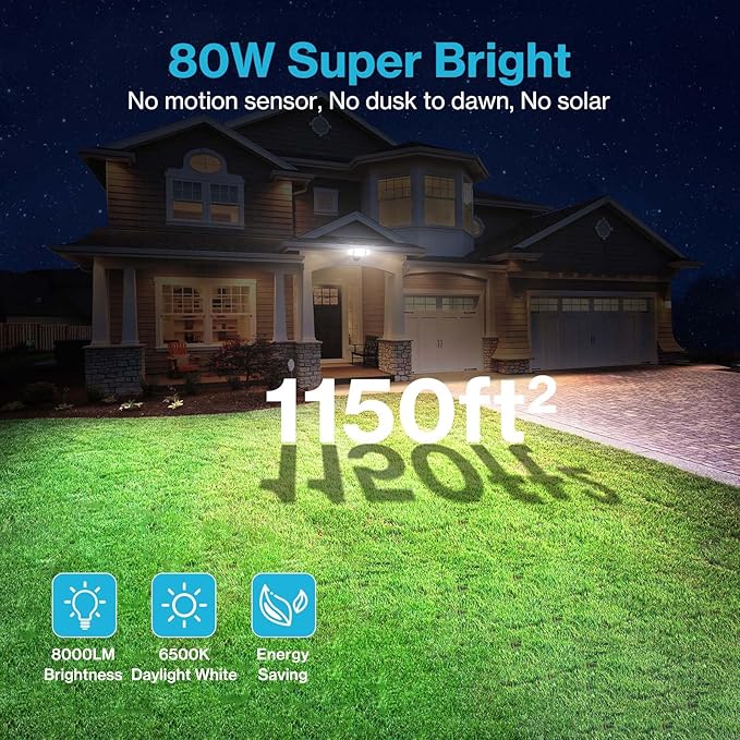 Olafus 80W Flood Lights Outdoor, Switch Controlled 8000LM LED Security Lights, IP65 Waterproof Outside Floodlights, 6500K Exterior Flood Light Fixture Wired for House Yard Porch Eave Brown Olafus