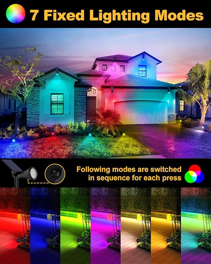 Solar Spot Lights Outdoor Color Changing, 7 Modes/14 LED Outdoor Solar Lights for Yard, Waterproof RGB Multicolor Solar Landscape Spotlights Auto On/Off for Flood, Yard, Tree, Pathway, 4 Pack FratinkSolarLights