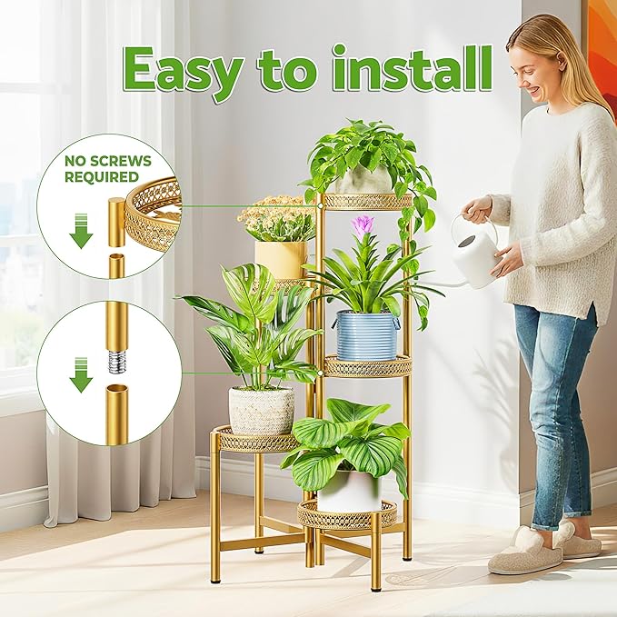 Tall Plant Stand Indoor Outdoor, Corner Metal Flower Pot Stands for Multiple Plants, 5 Tier Heavy Duty Plant Shelf for Patio Garden Balcony Living Room Bedroom - GoldWave Rootora