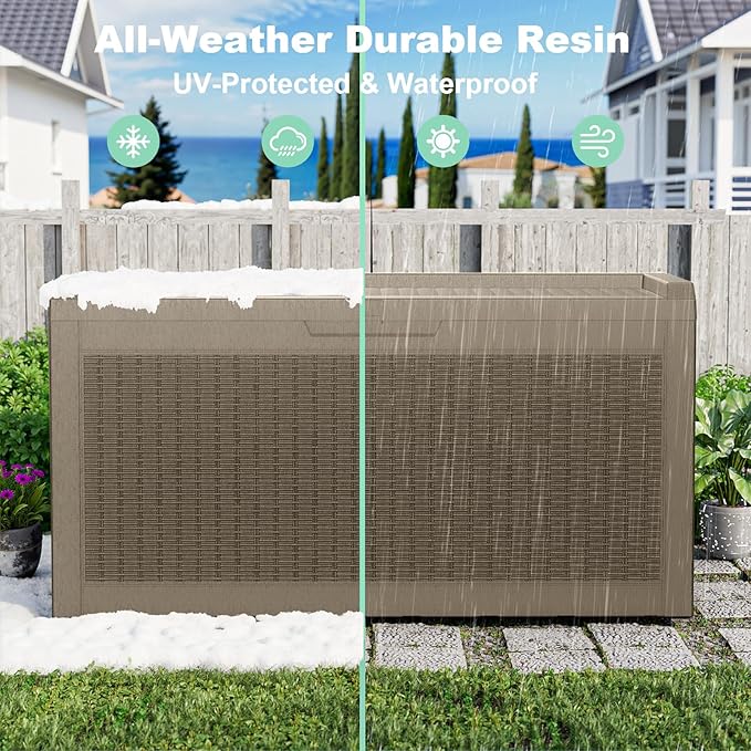 DRATO 60 Gallon Deck Box, Waterproof Resin Large Outdoor Storgae Box for Patio Furniture, Patio Cushions, Gardening Tools, Pool Supplies, Lockable（Gray，60 Gallon） DRATOprovidesawarmandcozy