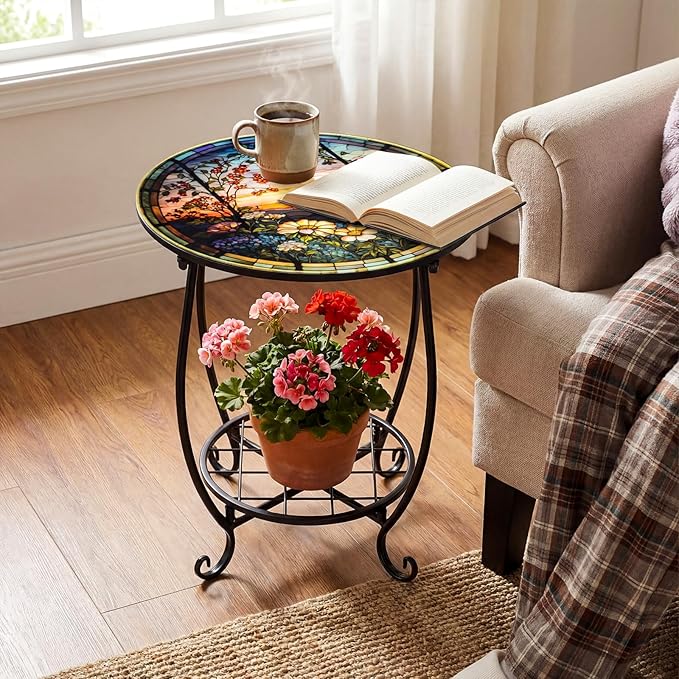 Outdoor Side Table Round Small Mosaic Patio Accent Indoor End Plant Coffee Tea Table for Yard Patio Porch Garden Living Room, Bedroom(Sunset and Flowers,14 Inch) Cinnvoice