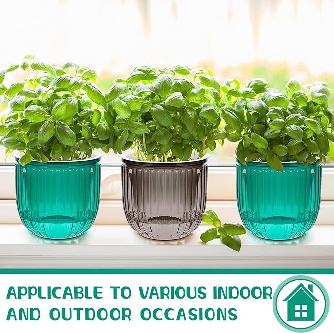 Meanplan 4 Pcs Self Watering Hanging Planter Indoor 6.5 Inch Hanging Baskets for Plants Outdoor Plastic Flower Pot with 3 Hooks Chains Drainage Holes for Garden Home, Medium Size(Emerald, Gray) Meanplan