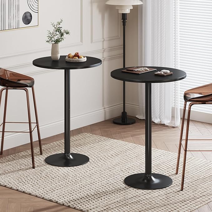 Flamaker Round Bistro Pub Table Modern Style Metal Base MDF Top Cocktail Bar Table Counter Bar Height for Pub, Dining Room, Party (2, Full Black) Flamaker