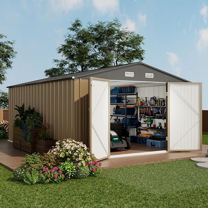 Devoko 10x14 FT Outdoor Storage Shed, Large Metal Storage Sheds with Lockable Door, Utility Garden Tool Shed with Sloping Roof, Outside Steel Storage Sheds for Patio Lawn Backyard, Brown DEVOKO