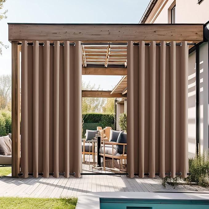 NICETOWN 2 Panels Outdoor Curtains for Patio Waterproof, Thermal Insulated Top & Bottom Grommet Blackout Windproof Gazebo Curtains & Drapes Heat & Cold Block for Garden, W84 by L95, Tan NICETOWN