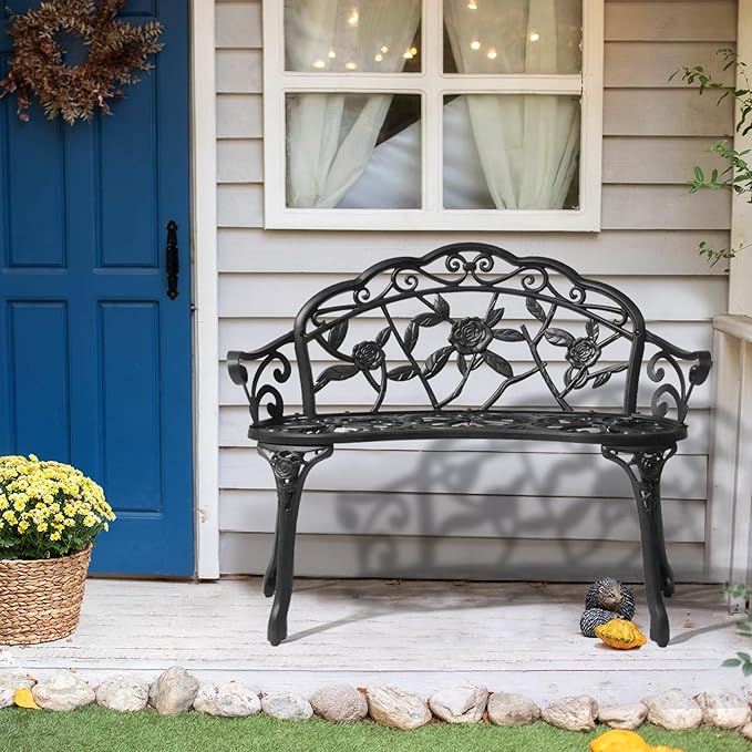 VINGLI 38.5" Patio Park Garden Outdoor Metal Rose Bench, 2-Person Cast Iron Cast Aluminium Frame Antique Finish Chair,Accented Lawn Front Porch Path Yard Decor Deck Furniture (Black, Rose) VINGLI