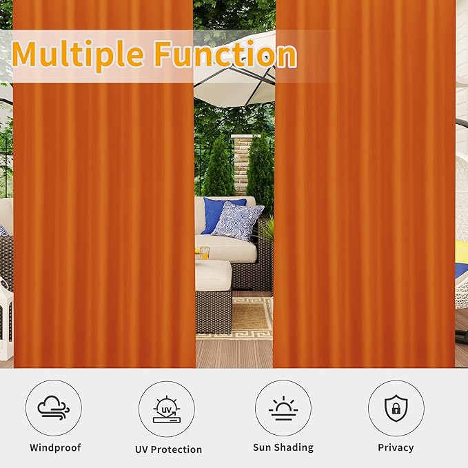 Easy-Going Outdoor Patio Curtains Detachable Tab Top Windproof Weatherproof Curtain for Cabana, Porch, Pergola and Gazebo, Tab Bottom Drape, 2 Panels, 54W x 84L inch, Orange Easy-Going