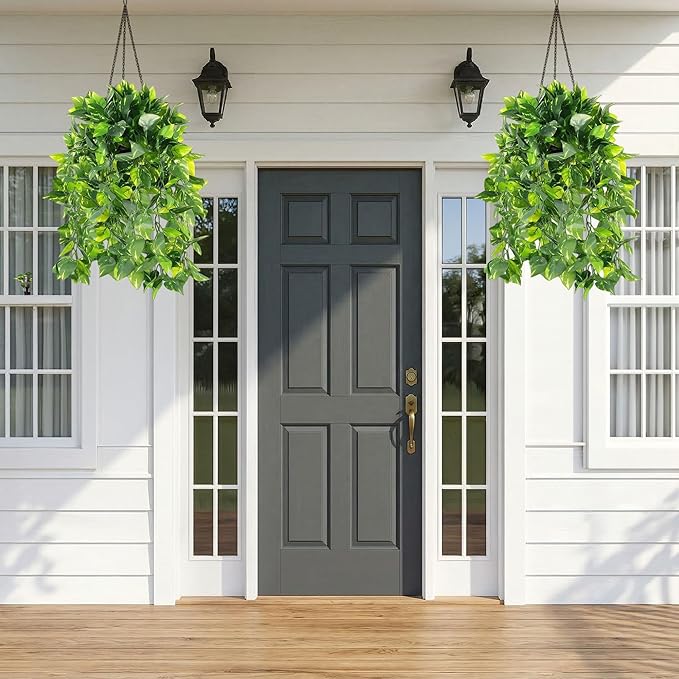 Faux Outdoor Plants Fake Hanging Plants for Outdoors Outside Decorations, 2 Pcs Green Faux Pothos Plant Vines Realistic UV Resistant Artificial Greenery for Planters Porch Garden Yard Front Door Patio Ivydale