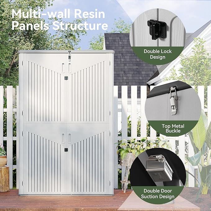 Aoxun White Resin Outdoor Storage Shed with 2 Shelves & Floor, 64 Cu.Ft Vertical Waterproof Cabinet for Garage, Pool, Bike, Garden Tools, Patio Furniture Aoxun