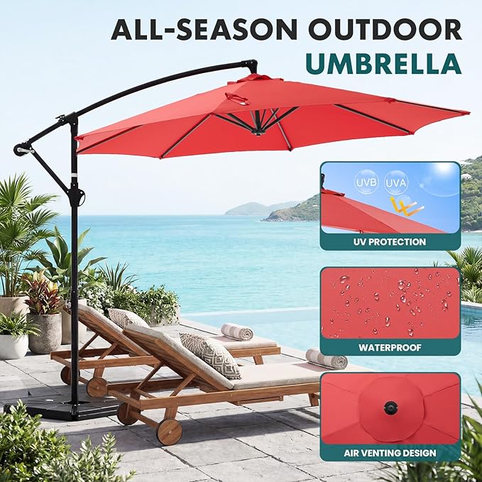 OLIXIS 9.7FT Offset Patio Umbrella with Base, Cantilever Table Umbrellas for Outdoor Sun Shade UV Protection with Easy Tilt Adjustment, 8 Ribs for Backyard, Lawn, Garden, Pool - Red OLIXIS