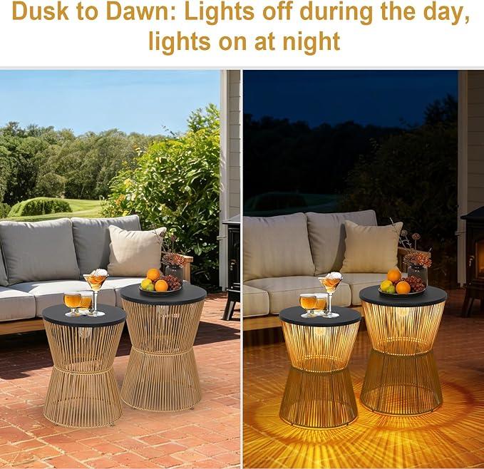 HMVPL Solar Outdoor Side Table with Dimmable Light, Patio Side Tables for Outside, Round Outdoor End Tables Set of 2, Plastic Rattan Patio End Accent Table for Poolside Backyard Gazebo, Dusk to Dawn HMVPL