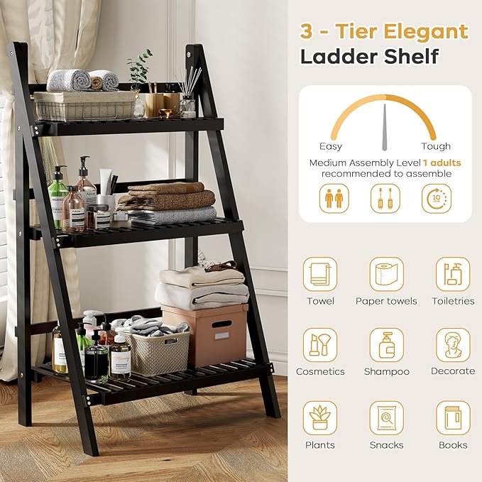 39.4" Foldable Plant Shelf Ladder Shelf, 3 Tier Bamboo Ladder Flower Pot Display Shelf, Freestanding Ladder Bookshelf for Garden, Balcony, Yard, Living Room, 23.6" W x 15" D x 39.4" H, Black OAKVIVOElegantLifestyle