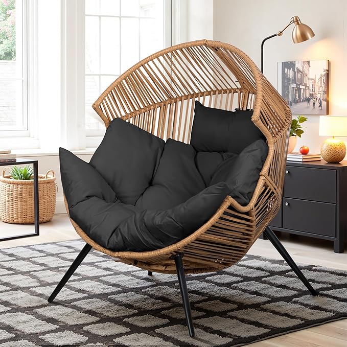 Vongrasig Wicker Egg Chair PE Rattan Chair with Cushion, Oversized Patio Lounge Chair for Outdoor, Indoor, Balcony, Backyard, Garden, Living Room, Black Vongrasig