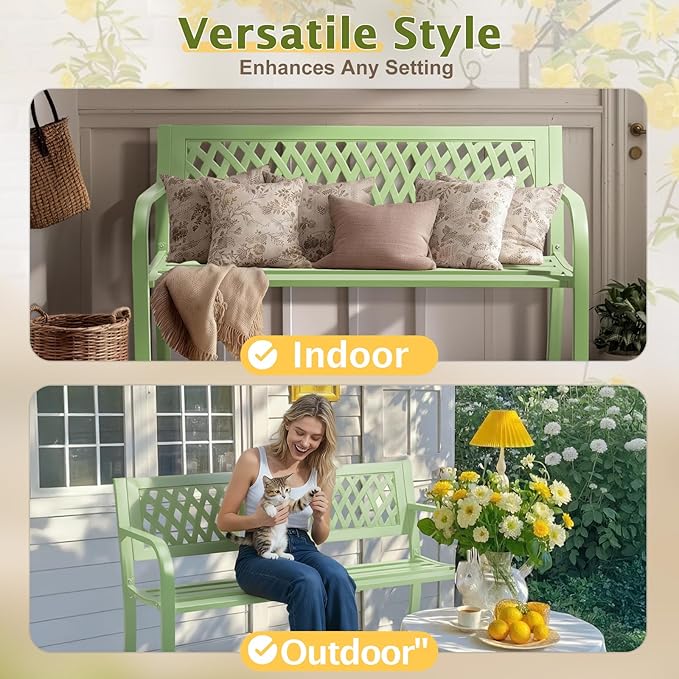 VINGLI 47'' Outdoor Bench, Weather Resistant Garden Patio Bench Powder Coated Iron Frame w/PVC Mesh Backrest Slatted Seat, 2-Person Outdoor Furniture for Front Porch Entryway Park (Green) VINGLI