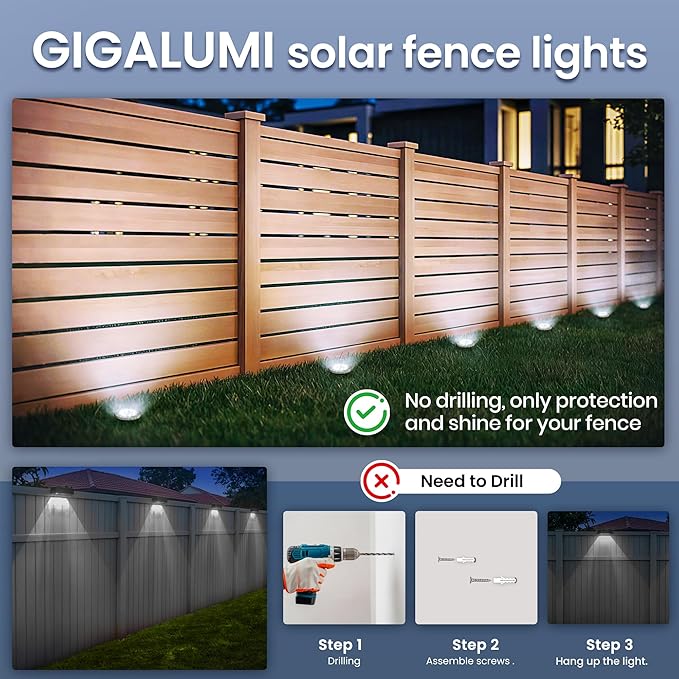 GIGALUMI Solar Ground Lights - No-Drill Fence Lighting Solution, Waterproof Perimeter Lights Compatible with Wood, Metal & Concrete Fences (20 Pack Cool White) GIGALUMI