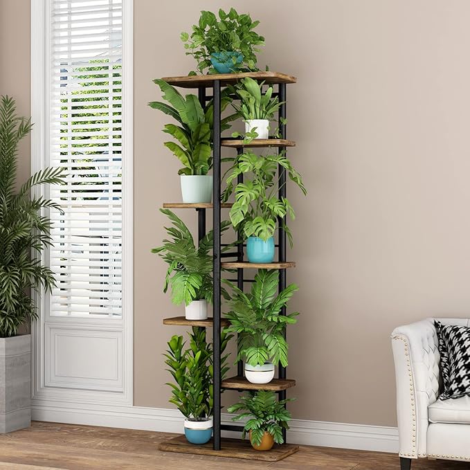 LINZINAR Plant Stand 7 Tier 8 Potted Multiple Flower Pot Holder Shelf Indoor Outdoor Planter Rack Storage Organizer for Patio Garden Corner Balcony Living Room (7 Tier-8 Potted, Black) LINZINAR