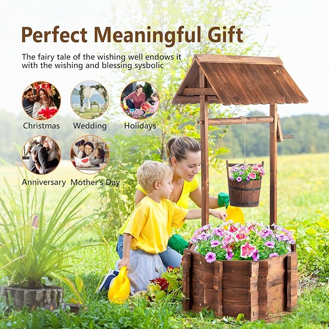 VINGLI Wooden Wishing Well Outdoor Planters, Well Covers for Yard with 4 Reinforced Rods, Height Adjustable Hanging Bucket, Rustic Flower Pot Home Decor for Outside Patio Garden VINGLI