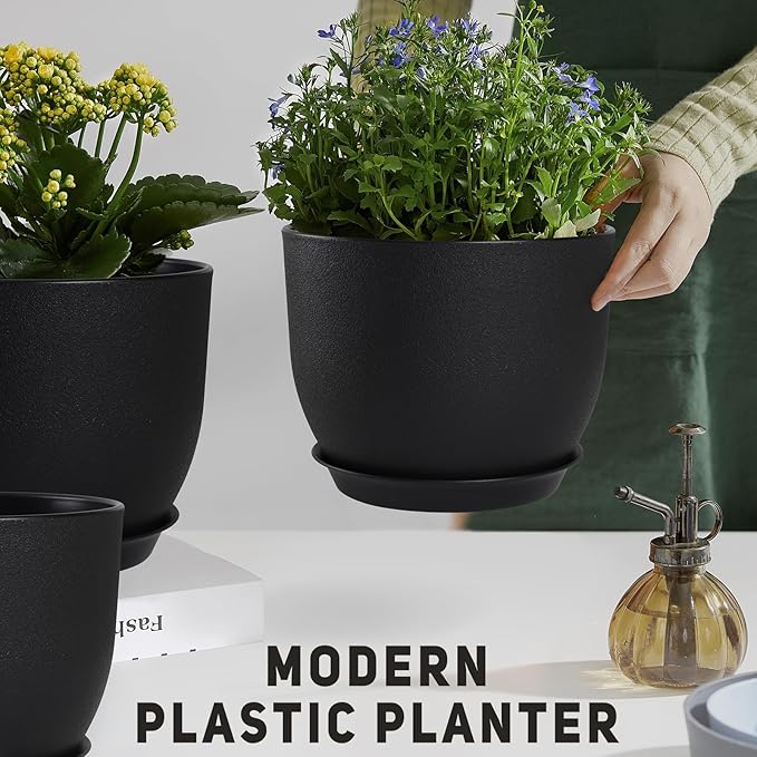 Plant Pots 12/10/9 inch Set of 3, Flower Pots with Multi Mesh Drainage Holes, Large Planters for Indoor Outdoor Garden Plants and Flowers. (Black) AFamilyofGardenLovers