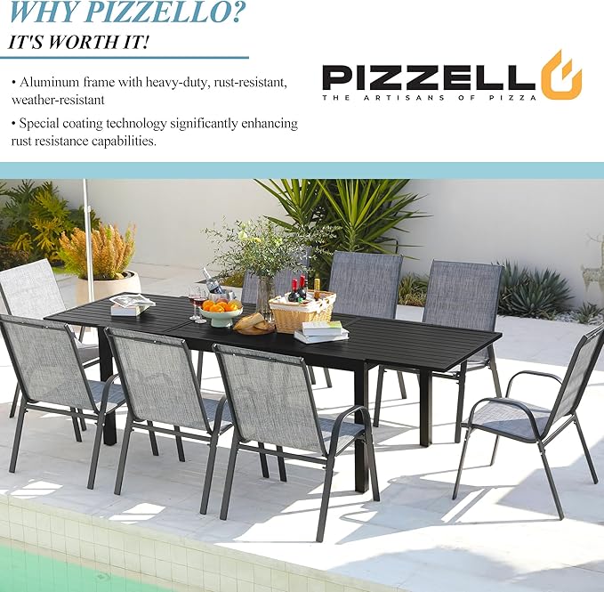 Outdoor Expandable Dining Table 71"-106" Aluminum Patio Dinner Table for 8-10 Person, Rectangular Metal Collapsible Tables with Umbrella Hole, Patio Tables with Extendable Top for Garden, Backyard PIZZELLO