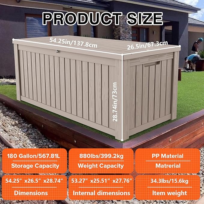 TARKARI 180 Gallon Lockable Resin Deck Box, Waterproof & UV-Resistant Outdoor Storage Box for Outdoor Cushion Storage, Garden Tools & Pool Accessories Storage, Gray Home