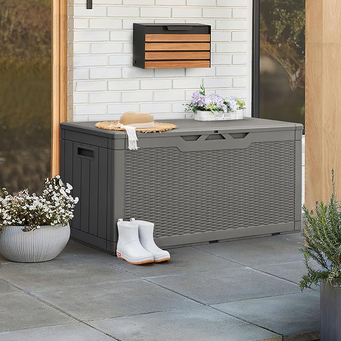 Greesum 100 Gallon Resin Patio Storage Box for Garden Tools, Outdoor Furniture Cushions, Pool Supplies, Gray BuynowfromGreesum