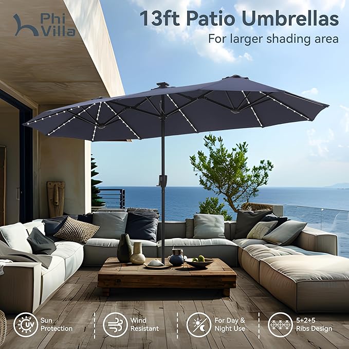PHI VILLA 13ft Patio Umbrella with Solar-Powered 120 PCS LED Color-Changing Lights, Triple-Head Large Rectangle Umbrella Outdoor Patio for Table with Crank Lift,Navy Blue(No Base) PHIVILLAThepioneerofcomfortablehouseholdsupplies