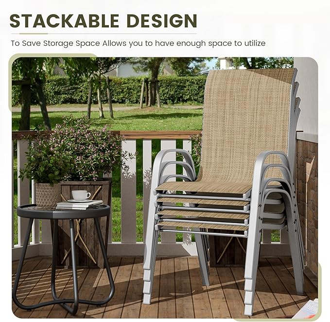 UDPATIO Patio Chairs Set of 4, Stackable Silver Outdoor Dining Chairs with High Back, Breathable Outdoor Chair Textilene Fabric All Weather, 350LBS Capacity for Garden, Backyard (Beige) UDPATIO
