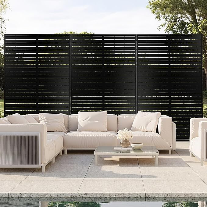 FENCY Metal Privacy Screen with Stand 72" H×44" W Outdoor Freestanding Privacy Panels, Outdoor Privacy Screen for Deck Patio Balcony(Black-Louvered) FENCY