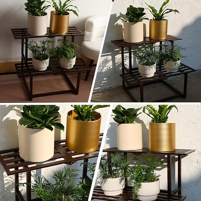 Metal Plant Stand, Foldable Heavy Duty Indoor, Window Iron Plant Shelf - Mid Century Modern Slatted Display for Patio, Garden, Living Room Load Bearing 330 lbs 26" L x 20.2" H x 17.7" W 2 Tier Coffee HomecourtyardsInterio