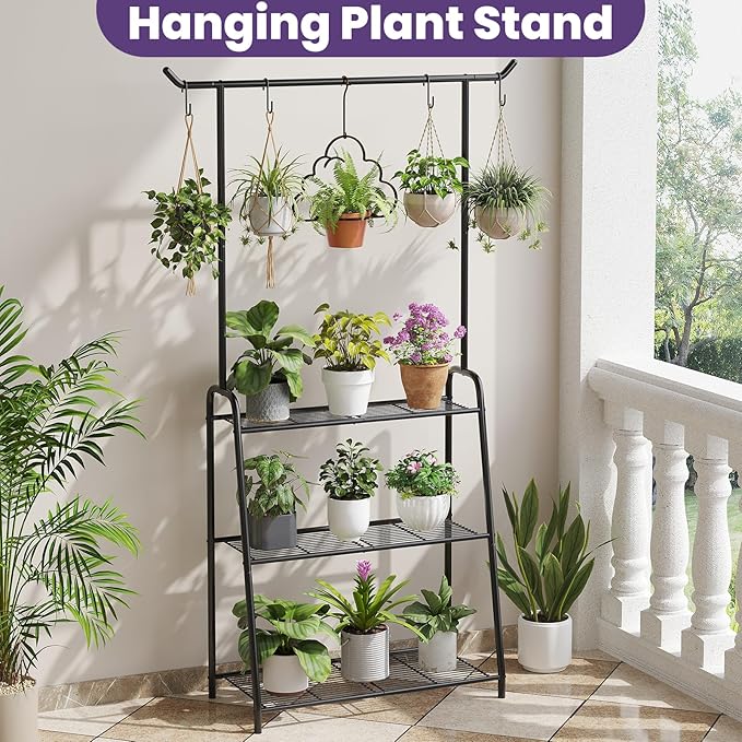 Metal Plant Stand Indoor Outdoor, 3 Tier Tall Corner Plant Shelf, Hanging Flower Ladder for Living Room, Balcony, Garden, Patio (Black) Rootora