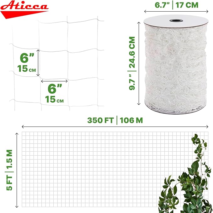 Trellis Netting 5 x 350 ft Heavy Duty Polyester Plant Support Netting White - 6 Inch Garden Rope Trellis on Roll - Mesh Twine for Growing Vine Climbing Plants, Flowers, Peas, and Tomatoes Aticca