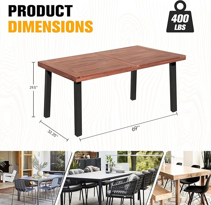 Flamaker Dining Table for 6 FSC Acacia Wood Indoor Outdoor Home Kitchen Table with Iron Legs Large Rectangular Patio Table for Deck, Sunroom (Walnut) Flamaker