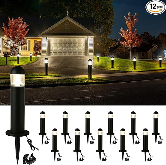 12 Pack Low Voltage Landscape Pathway Lights Wired, Outdoor Modern 12V LED Bollard Lights for Driveway Garden Walkway Yard Lawn (Included Connector), 2700K Warm White Waterproof, Black MOON-DE-AGE