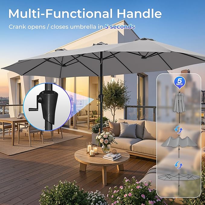 SUPERJARE 15FT Outdoor Umbrella for Patio, Double sided Pool Umbrellas with Fade Resistant Canopy, Large Table Umbrella for Deck, Market, Backyard - Gray SUPERJARE