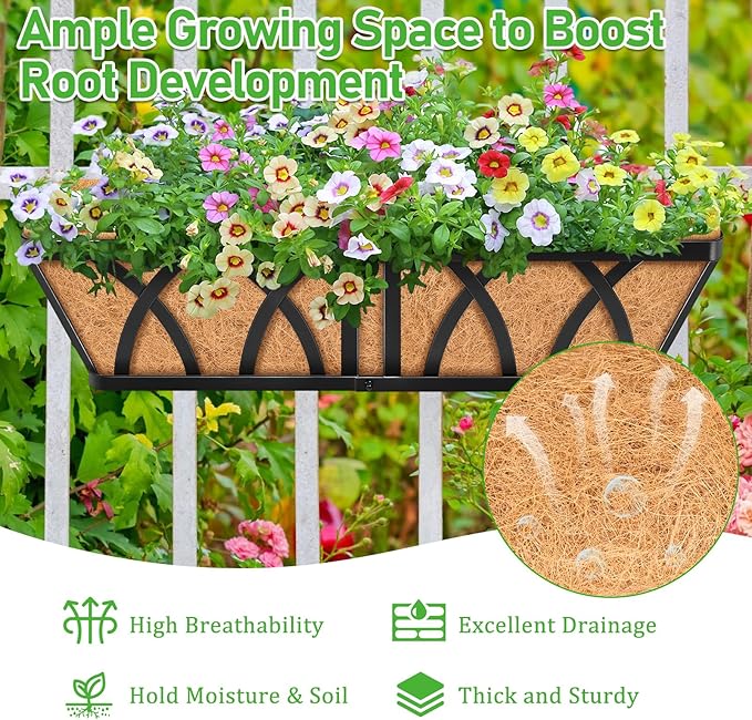 Riare 2 Pack 24 Inch Metal Railing Planter Window Box with Coco Liner- Adjustable Window Flower Boxes for Railings, Hanging Rail Planters for Deck, Balcony, Porch, Fence, Indoor Outdoor Plants Riare