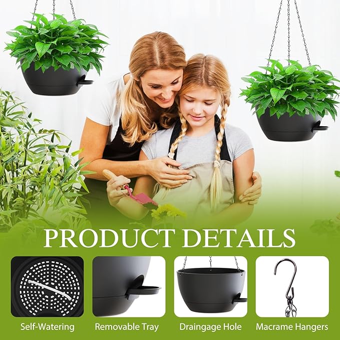 10 Inch Hanging Baskets 2 PC with Chains, Self-Watering Hanging Planters for Indoor Outdoor Plants, Plastic Hanging Flower Pots,Black SQKH