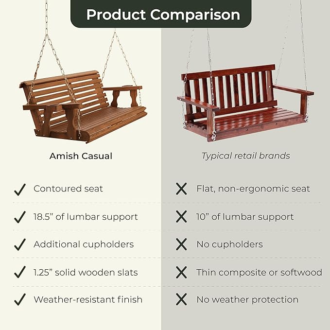Amish Casual 5 Foot Roll Back Heavy Duty Wooden Porch Swing with Cup Holders in Cedar Stain - Amish Made in The USA from Treated Pine, Outdoor Hanging Bench Swing with 700 Lb. Weight Capacity AmishCasual