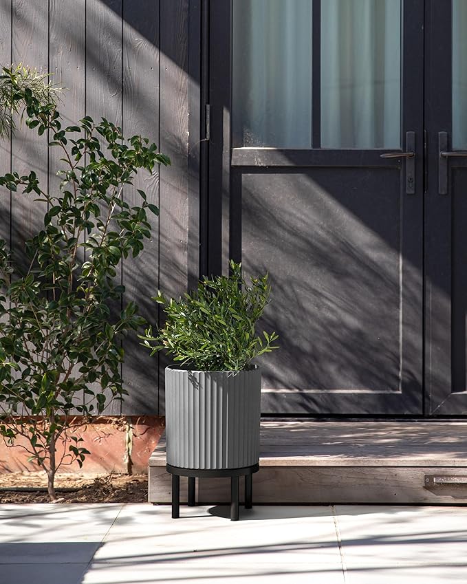 Veradek Demi Series Round Planter w/ Stand for Porch/Patio | Durable Plastic-Concrete & Wooden Stand | Modern Décor for Tall Plants, Flowers VeradekOutdoor